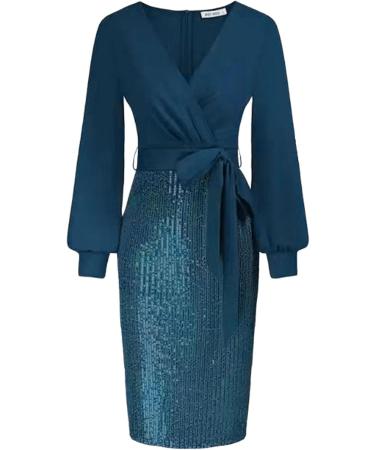 Shop Hanxiulin Ladies Cocktail Dress - Glitter Long Sleeve Festive Evening Dresses with Sequins in Blue - Buy Online on GoSupps.com