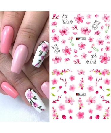 Peach Blossom Nail Art Stickers - Colorful Floral Designs for Acrylic Nails | Sakura Water Transfer Decals for Women - Manicure Tips & Decorations - 12 Sheets - Buy Online on GoSupps.com