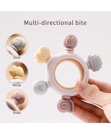 Bopoobo Silicone Rudder Teether Toy with Wooden Ring for Babies | Soothing Teething Toy for 3-12 Months | Montessori Baby Chew Toy (Pink) - Buy Online on GoSupps.com