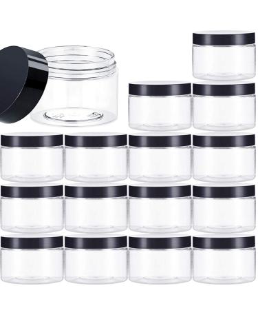 16 Pack 4oz/120ml Empty Plastic Pot Jars Portable Plastic Round Clear Jars,Leak Proof Cosmetic Container Jars with Black Lids for Travel Storage Make Up,Slime,Eye Shadow,Jewelry,Nails,Powder,Paint