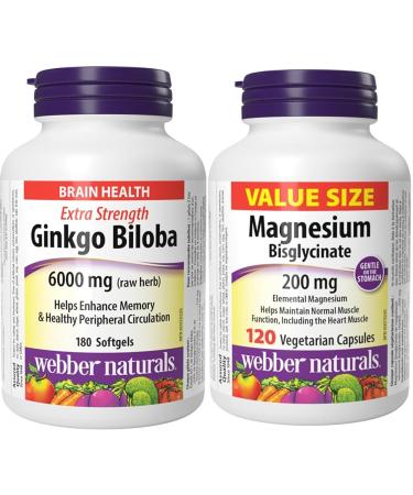 Webber Naturals Ginkgo Biloba 6000 mg 180 Softgels Helps Enhance Cognitive Function and Memory & Magnesium Bisglycinate 200 mg 120 Capsules Supports Bone and Muscle Functions Vegan Softgels + SUPPLEMENT s1101ed23