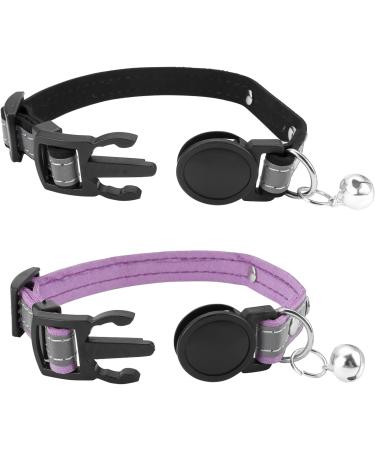 Personalized Reflective Cat Collar - Mogokoyo 2-Pack Bells Neck Band with Safety Clasp - Adjustable Cat Collar (Black & Purple) - Buy Online on GoSupps.com