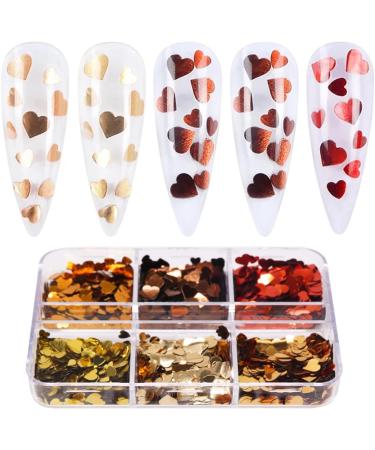 6 Grids 3D Heart Nail Art Stickers - Love Nail Decals for Valentine's Day | Gold Red Rose Heart Glitter Flakes & Holographic Designs - Buy Online on GoSupps.com