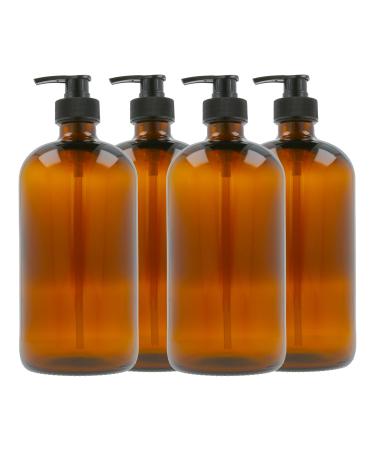 32oz Amber Glass Soap Dispenser- Large Amber Round Bottles with Black Pumps – Apothecary Soap Dispensers is Refillable & Reusable for Bath/Kitchen Accessories - Pack of 4 32oz-Pack of 4