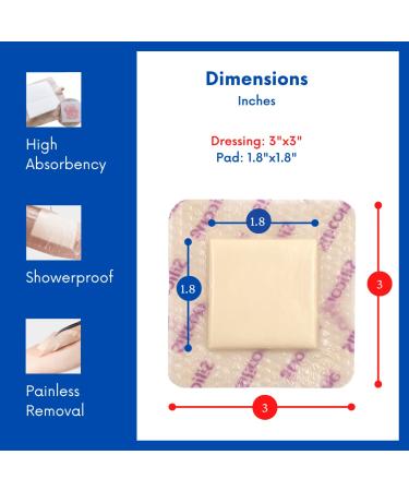 Silicone Foam Dressing 3 x3 10 Pack - Gentle Adhesive Border for Wound Care Bed Sores Pressure Sores & Diabetic Ulcers - International Shipping Available - Buy Online on GoSupps.com