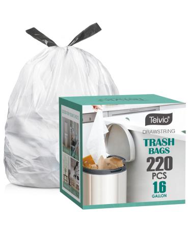 1.6 Gallon/220pcs Strong Drawstring Trash Bags Garbage Bags by Teivio,  Bathroom Trash Can Bin Liners, Code b fit 6 Liter, Small Plastic Bags for  home office kitchen