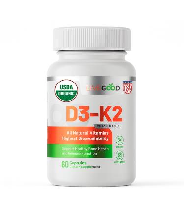LIVEGOOD Organic D3 K2 Supplement 2000 IU Vegan Capsules with MK-7 Pure Vitamin D3 with K2 for Immune and Bone Support Made in The USA Organic D3 K2 Formula (60 Count)