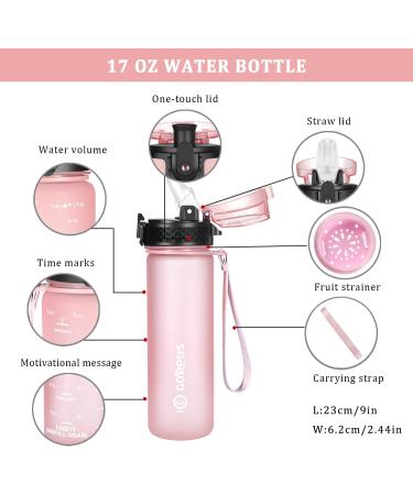 GOPLUS Kids Water Bottle with Straw Lid, 10pcs Stickers, 17 oz - Leak-proof BPA Free Tritan Plastic, Motivational Time Marker, for Girls Boys Toddler School Sports, Pink - 2 Lids - Buy Online on GoSupps.com