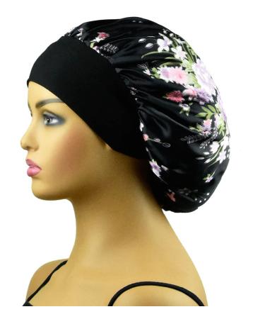 Satin Sleep Bonnet for Curly Hair | Large Silk Night Cap for Women - Floral Black - Buy Online on GoSupps.com