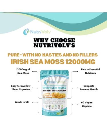 Nutrivolv Irish Sea Moss 12000mg - High Strength Vegan Capsules - Supports Immune System Skin & Digestive Health - 60 Capsules - Sea Moss Supplement for Energy Detox & Overall Wellness - Buy Online on GoSupps.com