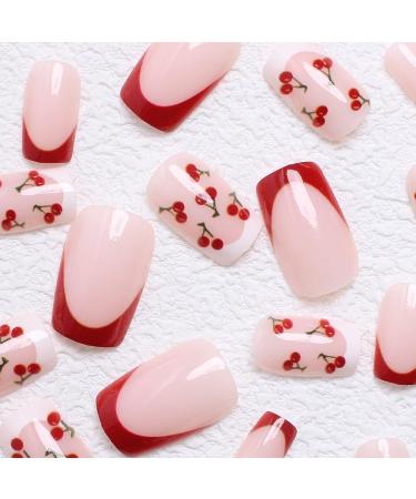 French Tips Press On Nails - Pink Glossy Cherry Design | Short Square False Nails - 24 Pcs Full Cover Acrylic Nail Art Kit for Women & Men - Buy Online on GoSupps.com