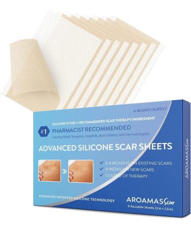 Aroamas Professional Silicone Scar Sheets, Soften and Flattens Scars Resulting from Surgery, Injury, Burns, C-Section and More, Soft Silicone Scar Strips [3"x1.57", 8 Sheets for 4 Month Supply]