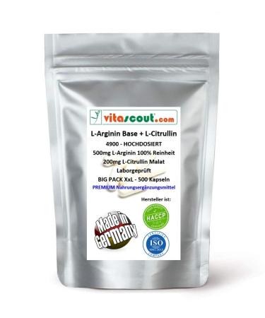 L -arginine Base + L -Citrullin 4900 II 500 capsules - vegetable arginine in base shape with 100% purity - high dose best mixing ratio without magnesium stearate - made in Germany - Buy Online on GoSupps.com