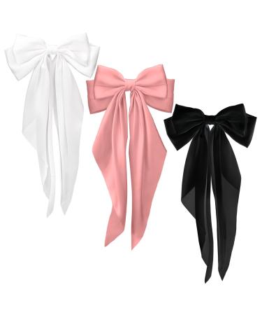 Silky Satin Hair Bows 3 PCS Big Black White Pink Bowknot Set Metal Spring Clip Oversized Long Tail Hair Ribbons Ponytail Holder French Barrettes Hair Accessories for Women Christmas Gifts Black & White & Dark Pink