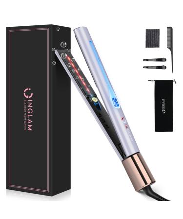 IG INGLAM Titanium Flat Iron Hair Straightener Curling Iron 1 Inch Infrared Negative Ionic Hair Iron Straightener 11 Adjust Temp 250 F to 450 F Shiny Hair Dual Voltage 110-240V Gift Light Purple