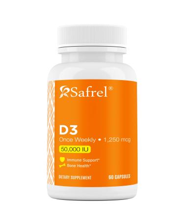 Safrel Vitamin D3 50 000 IU (as Cholecalciferol) Supplement Once Weekly Dose 1250 mcg Vegetable Capsules for Bones Teeth and Immune Support 1 Year Supply (60 Count (Pack of 1))