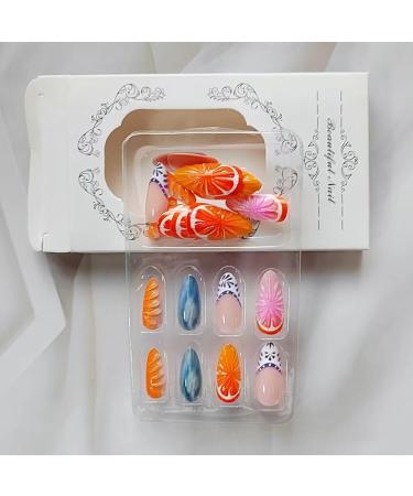 Buy 24 Pcs 3D Fruits Press on Nails - SHANRUN Summer Almond Nail Art Tips | Full Cover Acrylic False Nails with Orange Ocean Design - Buy Online on GoSupps.com