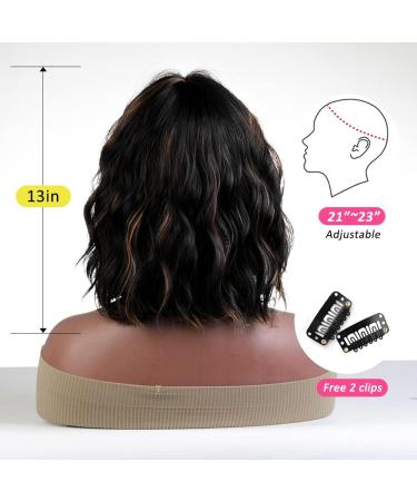 OUFEI Black Highlight Bob Wig for Women - Short Wavy Synthetic Hair Heat Resistant Daily Party Cosplay Wig - 13 Inches Dark Brown Highlight - Buy Online on GoSupps.com