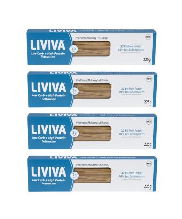 LIVIVA Low Carb High Protein KETO Fettuccine Pasta - 27g of Protein 8g Net Carbs Diabetic-Friendly - Made with Pea Protein Mulberry Leaf and Konjac (Pack of 4) Pack of 4 - Fettuccine 225g (Pack of 4)