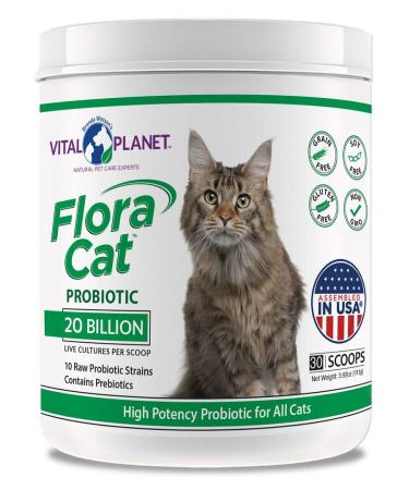 Vital Planet - Flora Cat Probiotic Powder Supplement with 20 Billion Cultures and 10 Diverse Strains High Potency Probiotics for All Cats for Feline Digestive and Immune Support 30 Scoops 3.92 oz