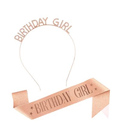 Birthday Girl Sash and Crown Set Happy Birthday Girl Tiara Headband for Women Girls Rose Gold Rhinestone Crowns Party Accessories