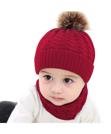 Yinuoday 2PCS Toddler Baby Knit Hat Scarf Winter Warm Beanie Cap with Circle Loop Scarf Neckwarmer Red