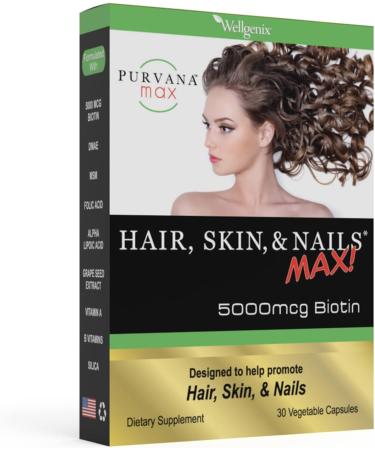 Purvana Max Hair Skin and Nails Vitamin Vegetable Capsules for High Absorption - Double Strength Biotin 5000 MCG VIT A & B Folic Acid Grape Seed Extract - Herbal Supplement (30 Count) (1 Pack) 30 Count (Pack of 1)