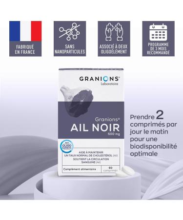 Fermented Black Garlic GRANIONS | Cholesterol Supplement | Rich in Fermented Black Garlic 500 mg with Selenium + Chromium | Natural Anti Cholesterol | Made in France | 60 Tablets - Buy Online on GoSupps.com