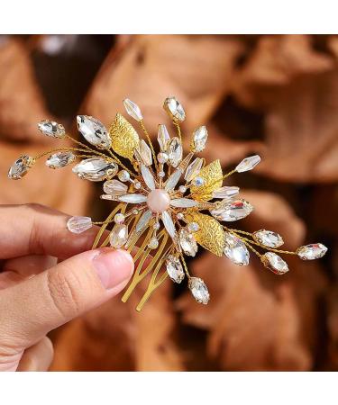 Zoestar Flower Wedding Hiar Comb Slides Gold Crystal Pearl Headpiece Rhinestone Bridal Leaf Hair Accessories for Women and Girls