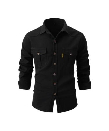 Shirt jacket for men's reverse monochrome long -sleeved shirt with 2 breast pocket button placket regular fit work shirt Relaxed fit leisure shirts basic traditional costume shirt pilot shirt L black