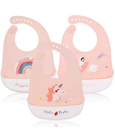 Baogaier Baby Bibs Silicone 3 PCS Waterproof Weaning Bib for Babies Toddlers Plastic with Food Catcher Pocket Roll Up Easily Wipes Clean Bibs Feeding for Kid Infant Girl Pink (Horse Rainbow Space) Horse Rainbow Planet