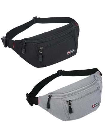 2 Packs Fanny Packs for Men and Women Waterproof Sports Waist Pack Bag Bum Bag for Travel Hiking Running (Black + Gray)