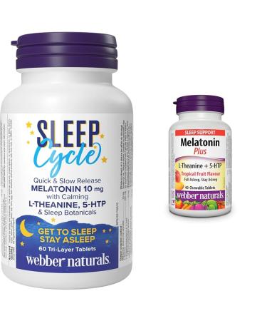 Webber Naturals Sleep Cycle Melatonin with L-Theanine 5-HTP & Sleep Botanicals & Melatonin Plus 1.5 mg of Melatonin with L-Theanine & 5-HTP 40 Chewable Tablets For Sleep Support Vegan Nutritional Supplement+ Melatonin Plus