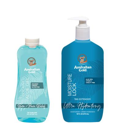 Australian Gold Moisture Lock Tan Extender (16 Fluid Ounce) and Aloe Vera Freeze Gel with Lidocaine (8 Fluid Ounce) Hydrating Body Lotion and Aloe Vera Gel for Skin (Pack of 2) Unscented 12 Fl Oz (Pack of 2)