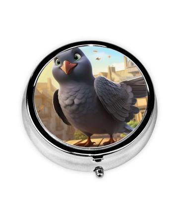 Round Pill Box 2.0x2.0x0.7 in Mini Travel Medicine Pill Organizer Box for Purse Pocket cartoon pigeon Picture