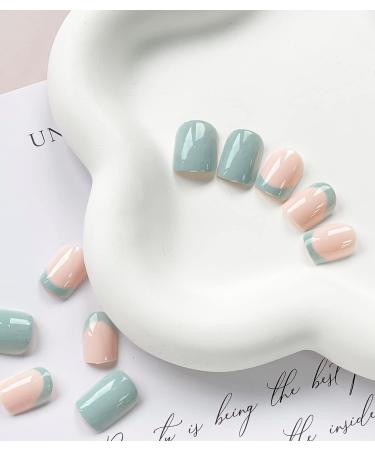Short Square Mint Green French Tip Press On Nails - 24 Pcs Full Cover False Nails with Glue - Buy Online on GoSupps.com