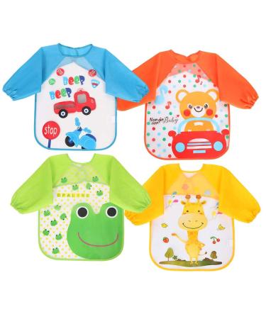Vicloon Bibs with Sleeves 4 Pcs Baby Waterproof Weaning Toddler Bib Long Sleeve Bib Unisex Feeding Bibs Apron for Infant Toddler 6 Months to 3 Years Old blue/green/yellow/orange