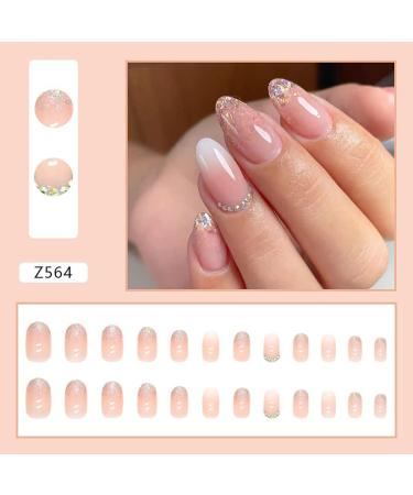 Gradient Pink Almond False Nails - 24 Pcs Medium Press-On with Rhinestones and Adhesive Tabs for Women - Buy Online on GoSupps.com