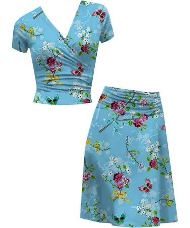 Nidddiv Summer Beach Skirt And Top Sets Women Plus Size Short Sleeve Tops Elegant Midi Skirts Cropped T-Shirts V Neck Blouses Floral Print Skirts Wrap Hip Dress Casual Skirt Elegant 2 Piece Blue L - Buy Online on GoSupps.com