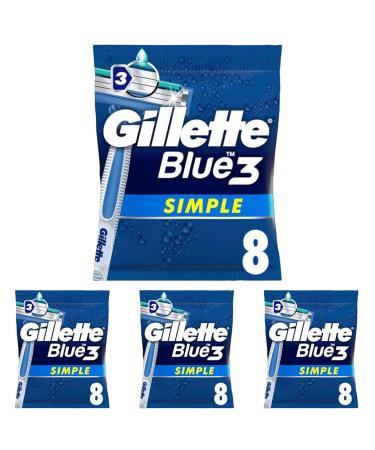 Gillette Blue 3 simple disposable razor men 8 razors with triple blade fixed blade head moisture strips (pack with 4) 8 pieces (4 Pack)