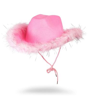 Juvolicious Pink Cowboy Hat for Men and Women with Feathers, Western Felt Fluffy Cowgirl Hat for Halloween Costume, Dress Up Birthday, Bachelorette, and Bachelor Party Accessories