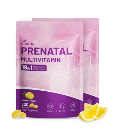19-in-1 Prenatal Multivitamin 100 Day Supply Prenatal Vitamins Lemon Flavor Before During & Post Pregnancy with Folic Acid Probiotic Biotin Zinc Vitamin D3 K2 B6 B12 C & More 300 Softgels