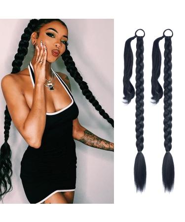 LyoRuSi 2 Pack Long DIY Braided Ponytail Extension with Hair Tie Straight Wrap Around Hair Extensions Ponytail(1B) 30 Inch(Pack of 2) 1B 2PCS Braided