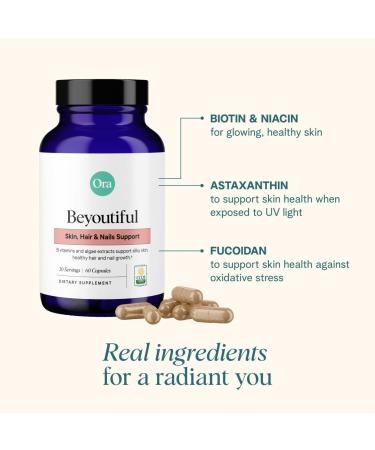 Ora Organic Hair, Skin, and Nails Support- BeYouTiful - Beauty Supplement with B Vitamins and Algae Extracts for Healthy Hair and Skin - 60 Vegan Capsules Beyoutiful (30 servings) - Buy Online on GoSupps.com