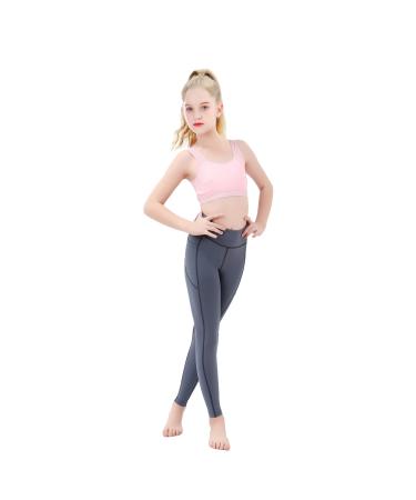 JIM LEAGUE Girls Athletic Dance Leggings - Kids Yoga Compression Pants Teen Running Workout Sport Tights Leggins with Pockets Grey Medium