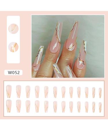 Long Coffin Fake Nails - Nude with Golden Fissure Design - Glossy Stick-On Nails for Women - Buy Online on GoSupps.com