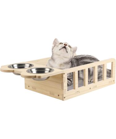 Yiotl Wall Mounted Wood Cat Shelf Bed with Two Bowls - Indoor Cat Feeder Shelf & Playing Platform | Cat Perch Bed with Mat - Buy Online on GoSupps.com
