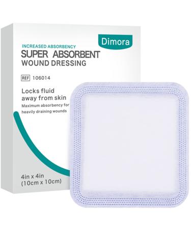 Dimora Super Absorbent Dressings for Wound Care, 4"X4" Nonstick Gauze Pad with Ultrasorb Polymer for Drainage and Fast Healing, 10 Packs 4"x 4" Nonstick