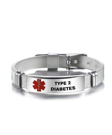 Medical Alert ID Bracelet for Women Mens Emergency First Aid Laser Engraved Health Alert Adjustable Wristband PVC Band Bracelet Type 2 Diabetes