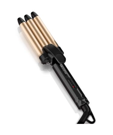 Mini Hair Crimper 1/2 Inch Beach Waves for Short Hair Small 3 Barrel Curling Iron for Travel Ceramic Barrel Dual Voltage Hair Waver Light Weight Gold